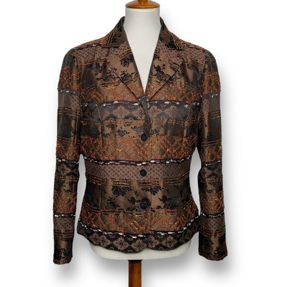 Coldwater Creek Brown Blazer Jacket Satin Embroidered Button Size Medium Petite - Picture 1 of 9